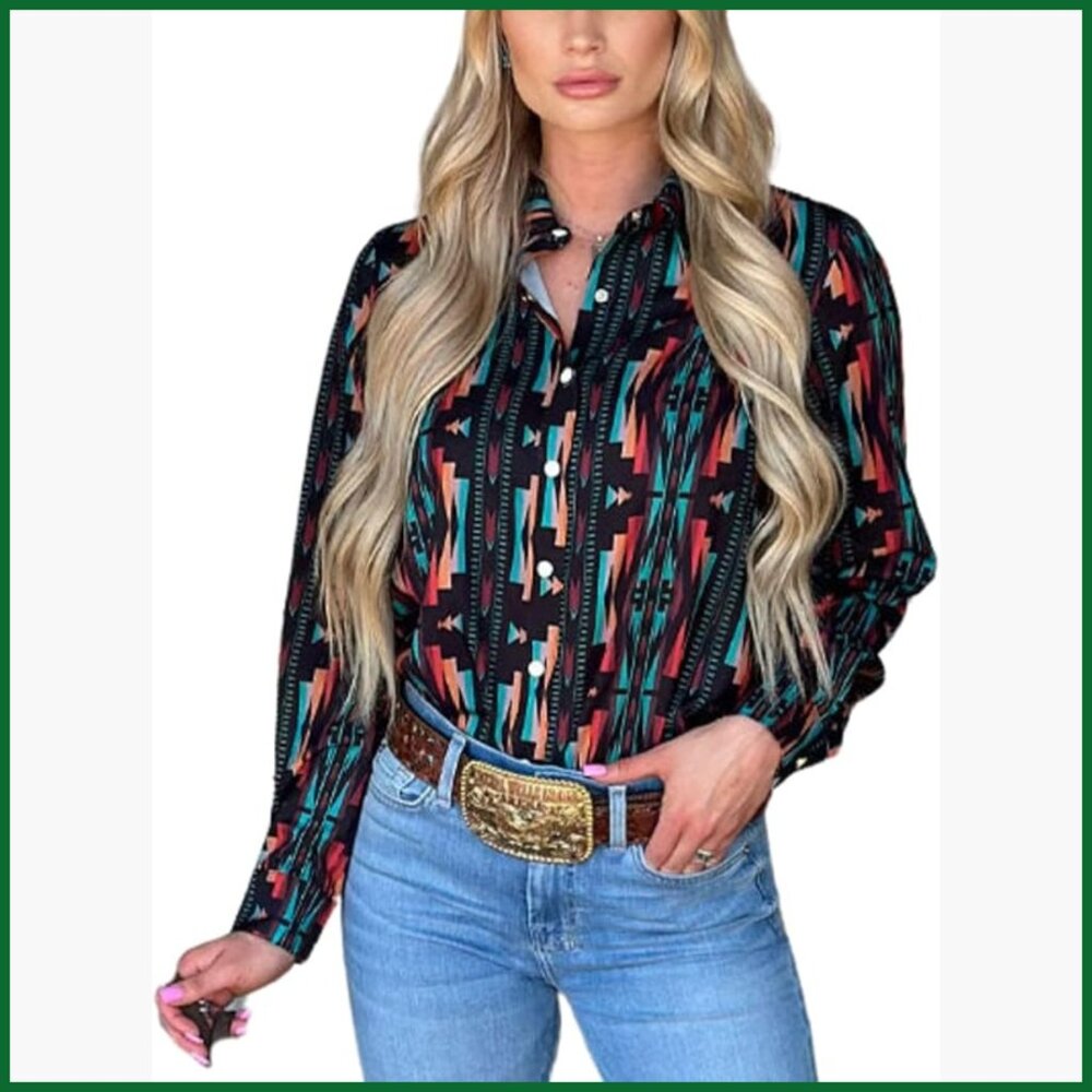 Retro Aztec Print Western Pearl Snap Blouse Long Sleeve Button Up Top